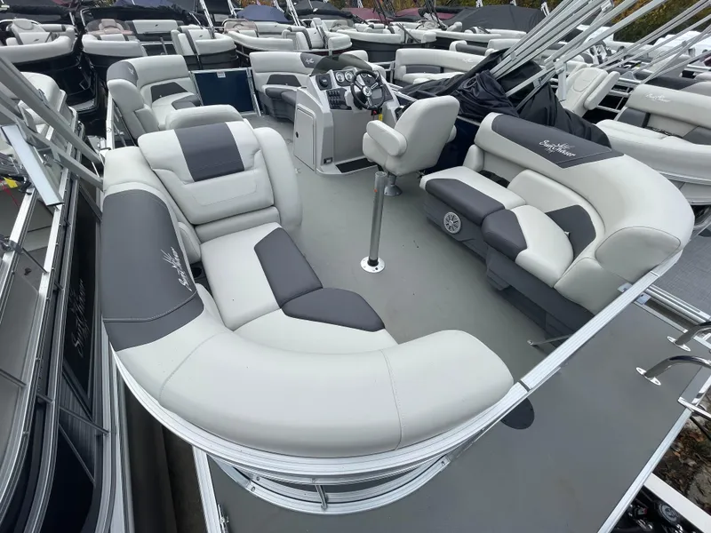 Slide: The Image of 2023 SunChaser GENEVA 20LR DH pontoon boat with spacious seating and modern design. - 10