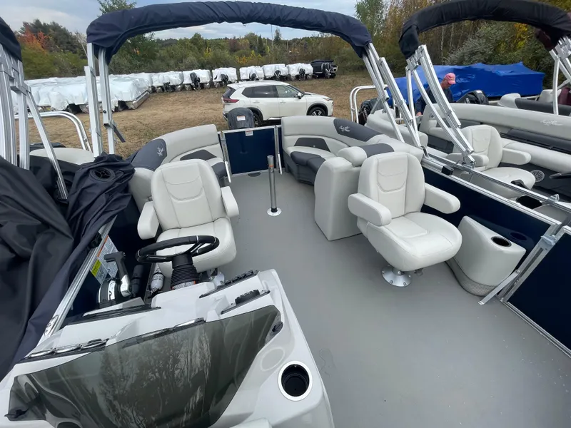 Slide: The Image of 2023 SunChaser GENEVA 20LR DH pontoon boat with spacious seating and modern design. - 8