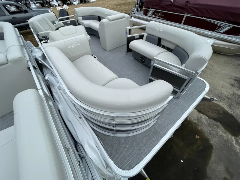 Slide: The Image of 2024 SunChaser VISTA 18LR pontoon boat with spacious seating and modern design. - 4