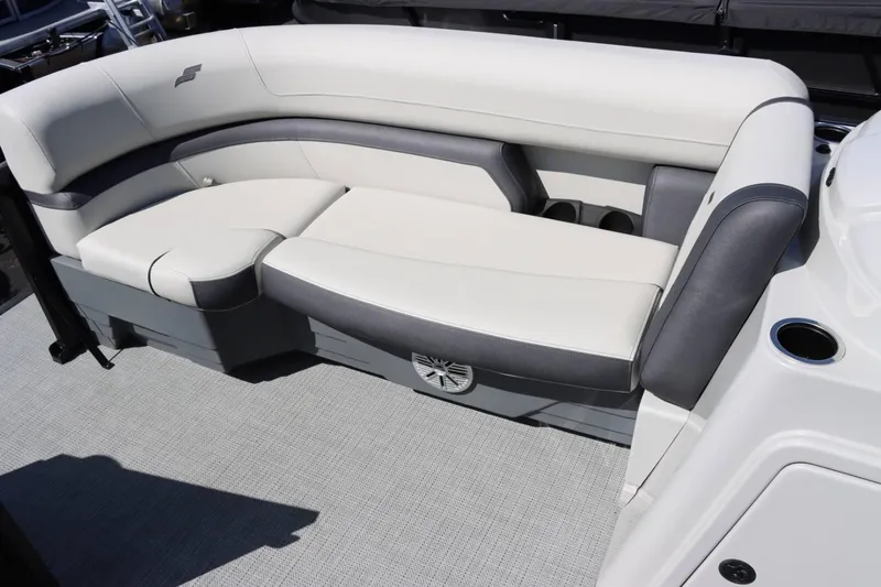 Slide: The Image of 2023 Starcraft EXS 3Q boat interior with white and gray cushioned seating. - 20