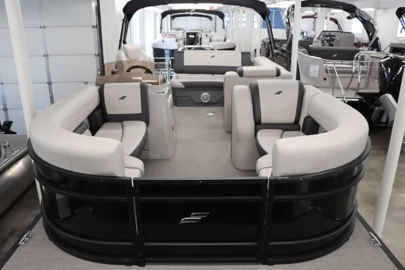 Slide: The Image of 2023 Starcraft EXS 3Q pontoon boat with spacious seating and modern design. - 4