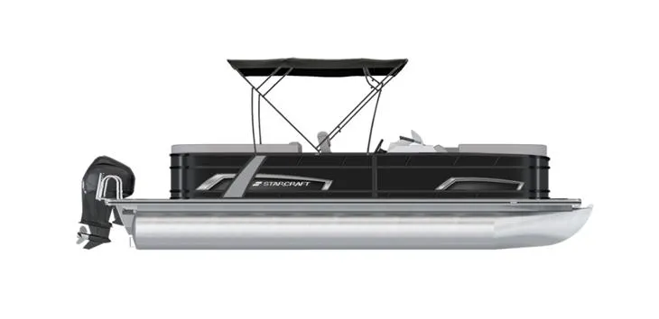 Slide: The Image of 2024 Starcraft EXS 3 pontoon boat with black exterior and canopy. - 26