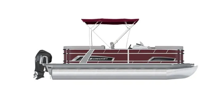 Slide: The Image of 2023 Starcraft EX 22C pontoon boat with maroon canopy and side panels. - 16