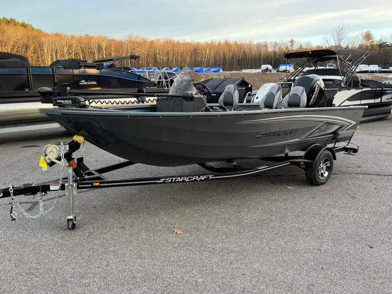 Slide: The Image of 2023 Starcraft Storm 176 SC fishing boat on trailer in a marina. - 1