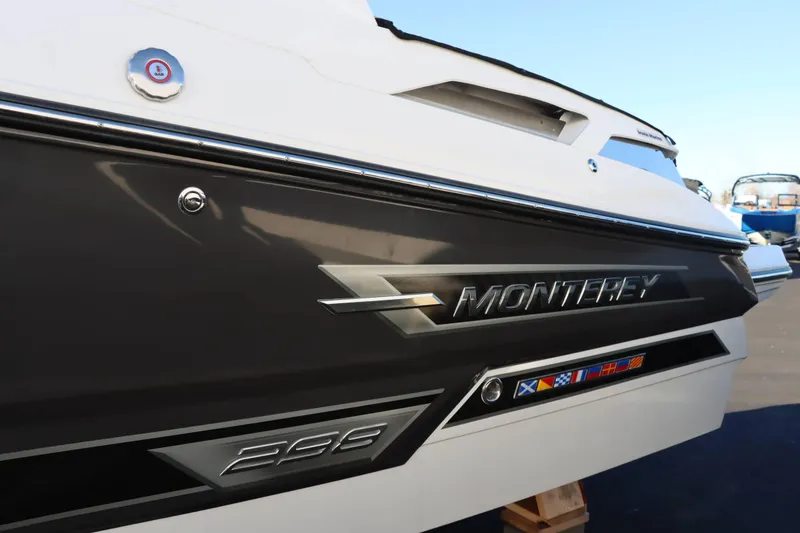 Slide: The Image of 2023 Monterey 298SS boat, sleek design with nautical flags, close-up view. - 8