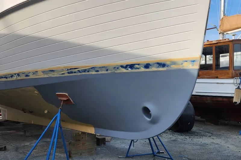 Slide: The Image of 1978 Grand Banks 42 Classic Multiple coats of barrier coat after soda blasting summer 2025 - 54