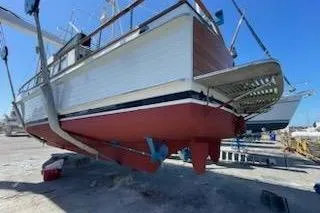 Slide: The Image of 1978 Grand Banks 42 Classic relaunch after soda bottom blast, barrier coats and anti-fouling paint Sept 2025 - 56