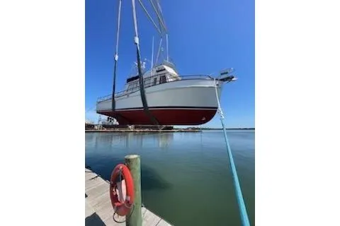 Slide: The Image of 1978 Grand Banks 42 Classic relaunch after soda bottom blast, barrier coats and anti-fouling paint Sept 2025 - 57