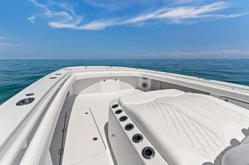 Slide: The Image of 2023 Barker Boatworks 40 HPC, luxury boat interior with ocean view. - 10