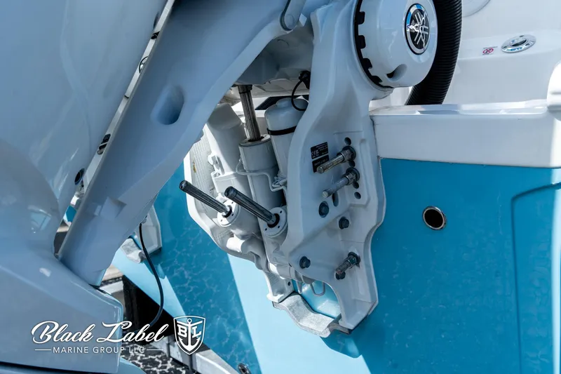 Slide: The Image of 2024 Sea Fox 288 Traveler Dual Console boat engine detail, featuring Black Label Marine Group branding. - 39