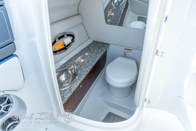 Slide: The Image of 2024 Crownline E260 XS boat interior with granite countertop and compact marine toilet. - 18