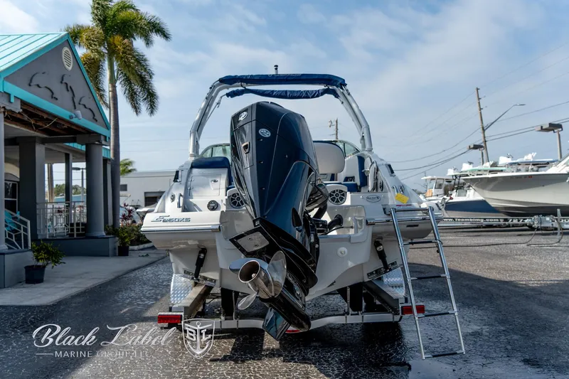 Slide: The Image of 2024 Crownline E260 XS boat with powerful outboard motor, parked at a marina. - 5