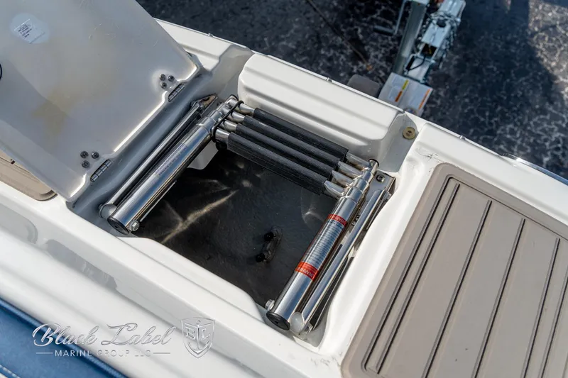 Slide: The Image of 2024 Crownline E260 XS boat ladder compartment with stainless steel hardware. - 9