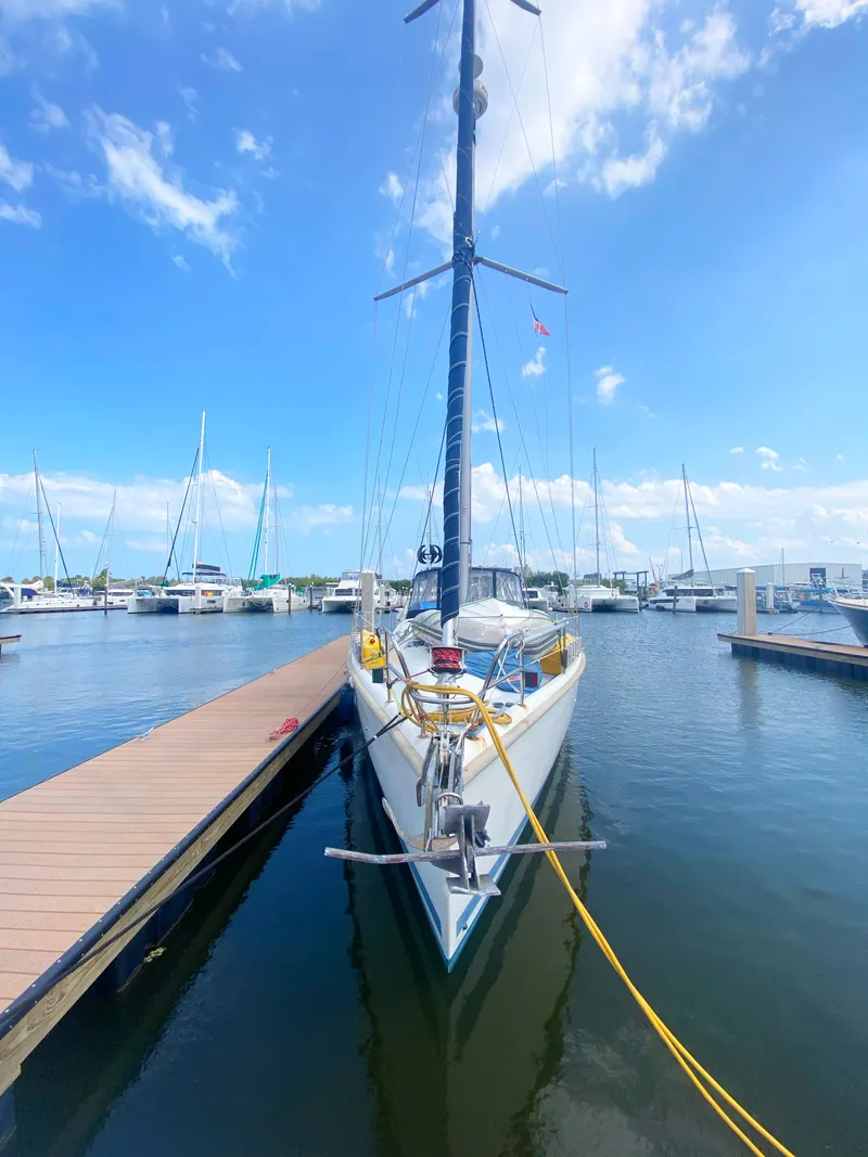 Slide: The Image of Hunter 430 sailboat docked at marina, 1997 model. - 3