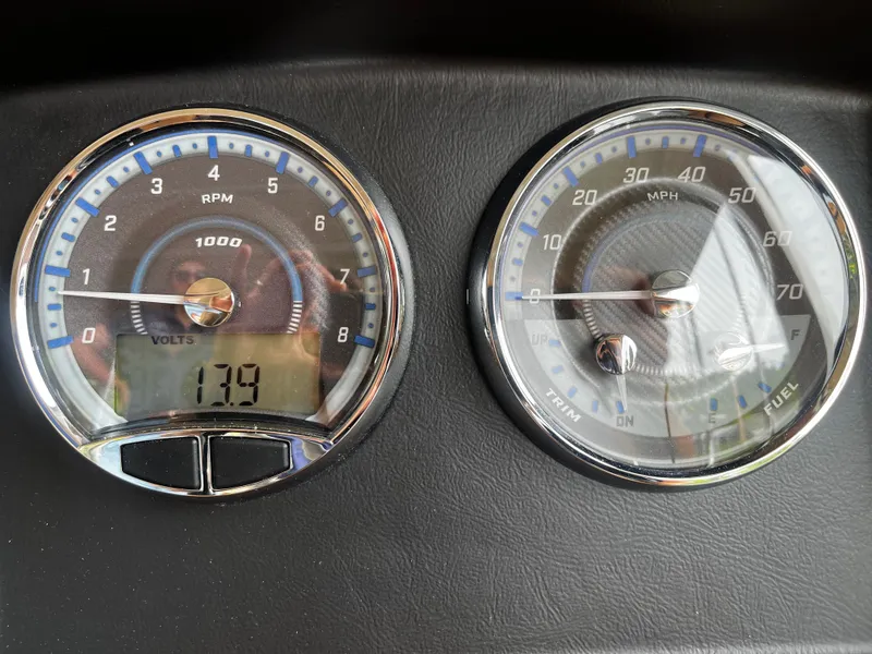 Slide: The Image of Close-up of 2024 Avalon Catalina Funship 25' boat dashboard gauges. - 19