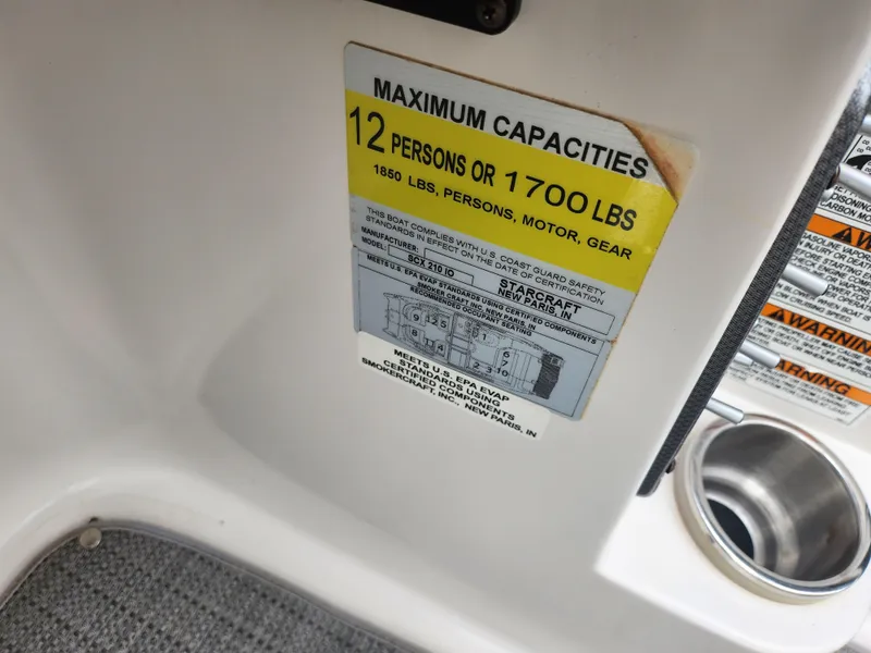 Slide: The Image of 2015 Starcraft Crossover 210 SCX IO boat capacity label, 12 persons or 1700 lbs limit. - 12