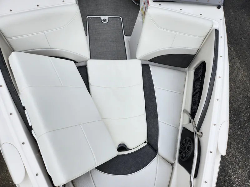 Slide: The Image of 2021 Campion Allante 20 Bowrider interior seating with white and gray upholstery. - 21