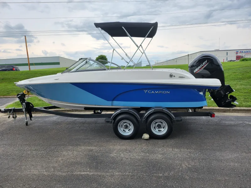 Slide: The Image of 2021 Campion Allante 20 Bowrider boat on a trailer with a Mercury outboard motor. - 4