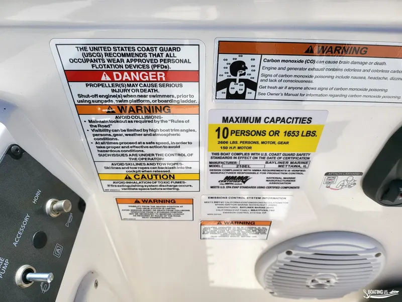 Slide: The Image of 2021 Bayliner E 21 safety and capacity warning labels, including USCG recommendations and maximum capacities. - 15