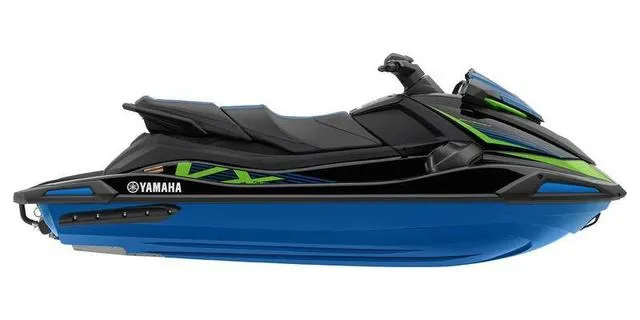Slide: The Image of 2024 Yamaha WaveRunner VX jet ski, blue and black with green accents. - 2