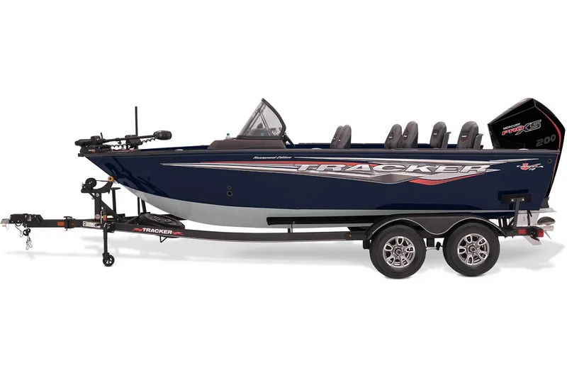 Slide: The Image of 2024 Tracker Targa V-19 WT boat, rear view with outboard motor, parked outdoors. - 9