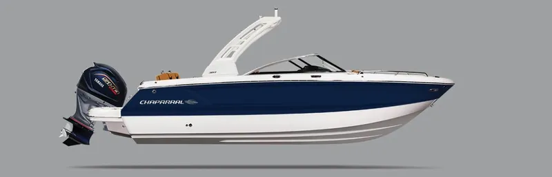 Slide: The Image of 2024 Chaparral 250 OSX boat with blue and white exterior. - 32