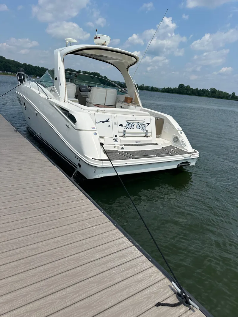 Slide: The Image of 2008 Sea Ray 350 Sundancer docked on a sunny day, calm waters, clear sky. - 26