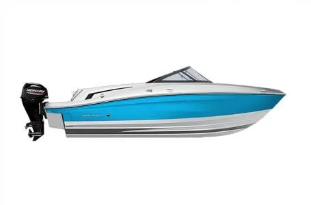 Slide: The Image of 2024 Bayliner VR5 Bowrider-Outboard in blue and white, side view. - 4