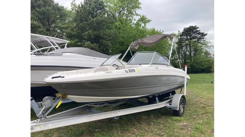 Slide: The Image of 2019 Stingray 190 DC boat on a trailer in a grassy area. - 3