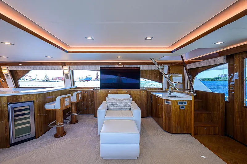 Slide: The Image of Luxurious interior of 2018 Viking 92 Sky Bridge yacht with modern amenities and elegant design. - 20