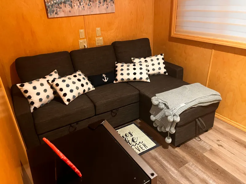 Slide: The Image of Cozy living room with dark sofa, polka dot pillows, and a blanket on a wooden floor. - 14