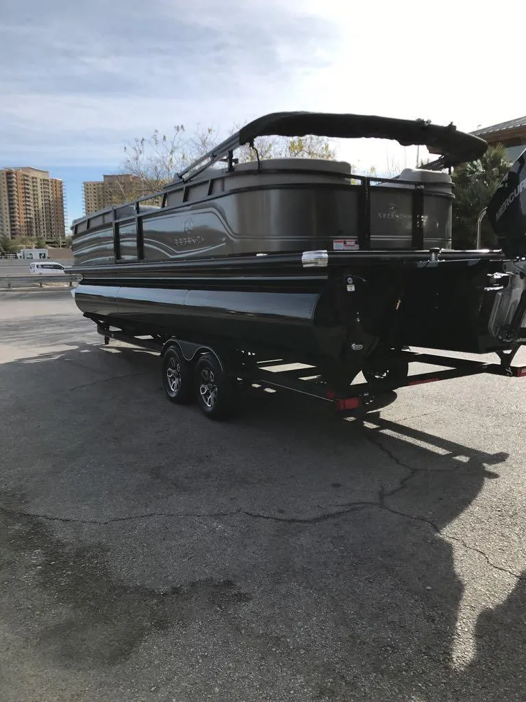 Slide: The Image of 2024 Regency 250 LE3 pontoon boat on trailer, parked outdoors. - 2