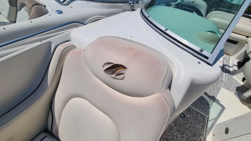 Slide: The Image of 2004 Monterey 268 SS Open Bow Sport boat interior with logo on seat. - 12