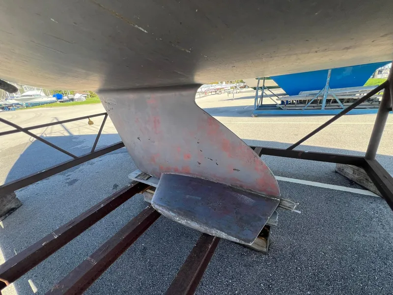 Slide: The Image of Catalina 320 sailboat keel and rudder on a trailer, 1995 model. - 19