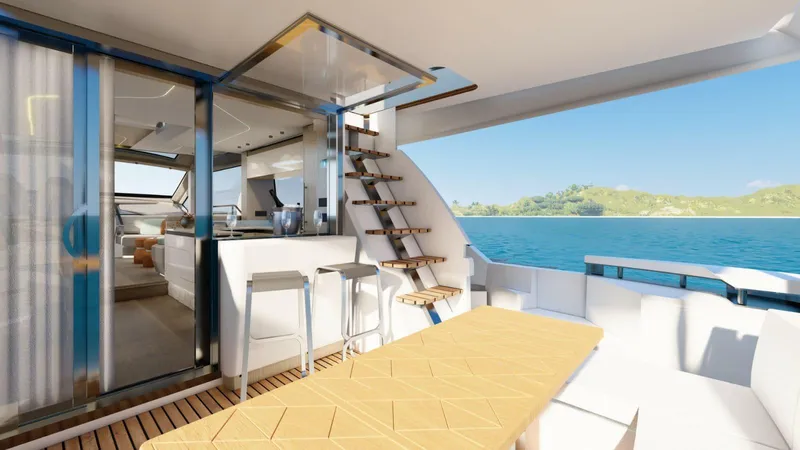Slide: The Image of Luxurious Aicon Vivere 68 yacht interior with modern design, overlooking serene ocean view, 2025 model. - 10