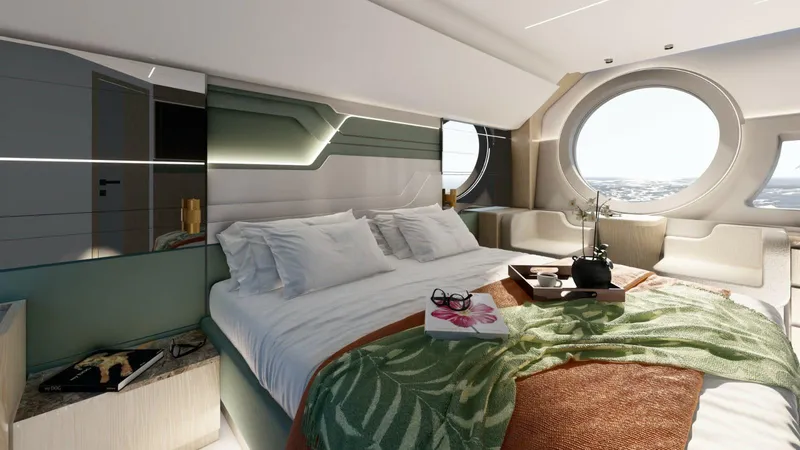 Slide: The Image of Luxurious bedroom interior of 2025 Aicon Vivere 68 yacht with modern design and ocean view. - 11