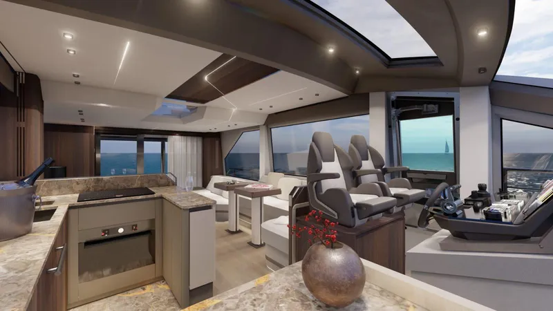 Slide: The Image of Luxurious interior of 2025 Aicon Vivere 68 yacht with modern design and ocean view. - 3