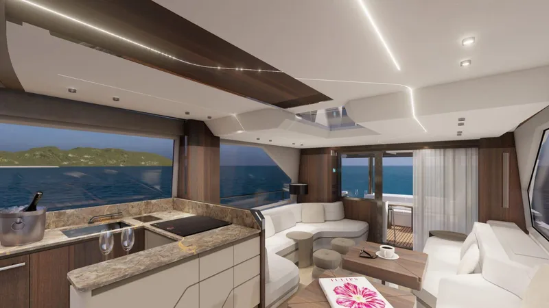 Slide: The Image of Luxurious interior of 2025 Aicon Vivere 68 yacht with modern design and ocean view. - 4