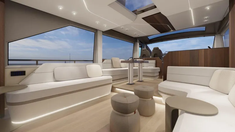Slide: The Image of Luxurious interior of 2025 Aicon Vivere 68 yacht with modern seating and panoramic windows. - 5