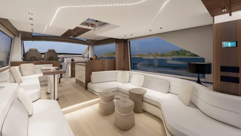 Slide: The Image of Luxurious interior of 2025 Aicon Vivere 68 yacht with modern seating and panoramic windows. - 6