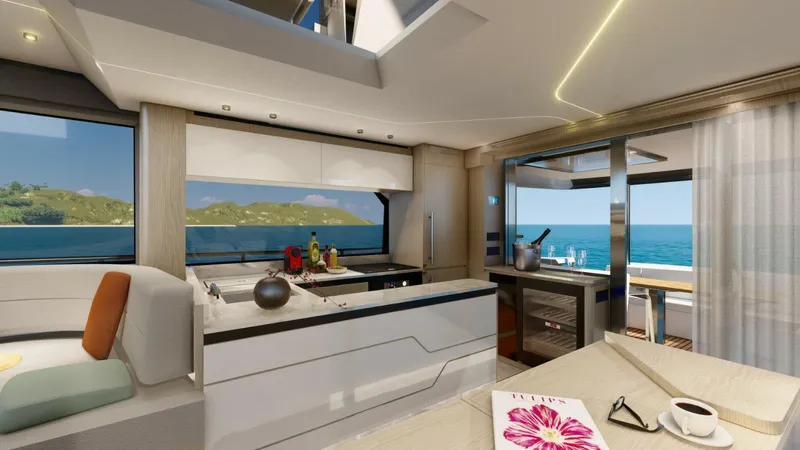 Slide: The Image of Luxurious interior of 2025 Aicon Vivere 68 yacht with modern kitchen and ocean view. - 7