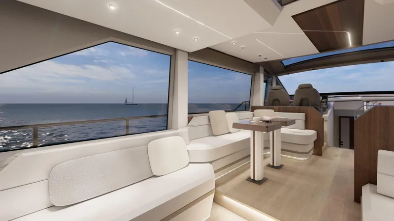 Slide: The Image of Luxurious interior of 2025 Aicon Vivere 68 yacht with ocean view and modern seating. - 8