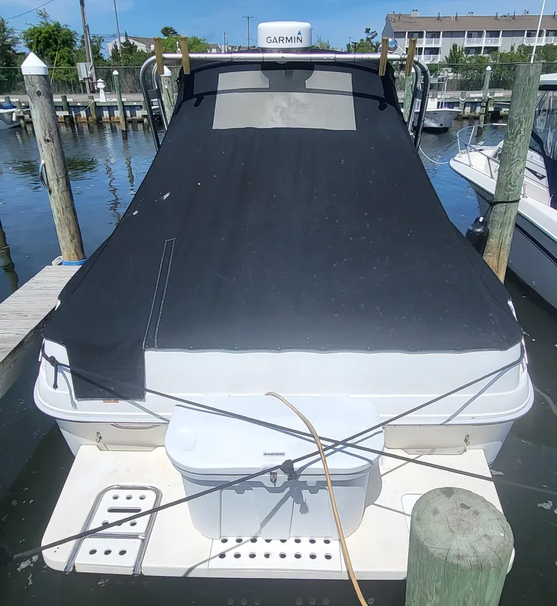 Slide: The Image of 1993 Sea Ray Laguna 29 Walkaround boat docked with black cover, Garmin equipment visible. - 17