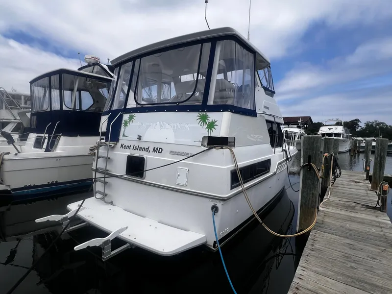 Slide: The Image of 1993 Carver 350 Aft Cabin docked at Kent Island, MD marina. - 3