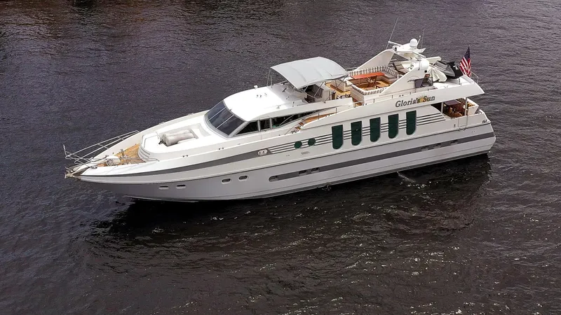 Slide: The Image of Monte Fino 94 Motor Yacht 1992 cruising on water, aerial view. - 0