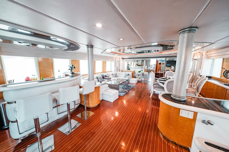 Slide: The Image of Luxurious interior of a 1992 Monte Fino 94 Motor Yacht with modern furnishings. - 30