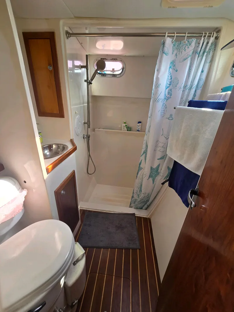 Slide: The Image of 2009 Fusion 40 yacht bathroom with shower, sink, and nautical decor. - 18