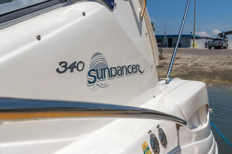 Slide: The Image of 2005 Sea Ray 340 Sundancer boat docked at marina. - 29