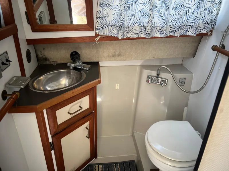 Slide: The Image of 1987 Carver Voyager bathroom with sink, toilet, and storage cabinets. - 24