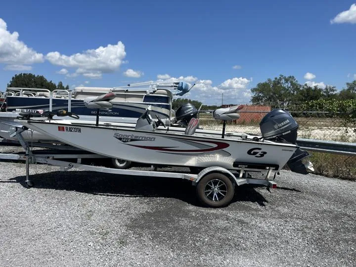 Slide: The Image of 2022 G3 Sportsman 1610 boat on a trailer under a clear blue sky. - 3